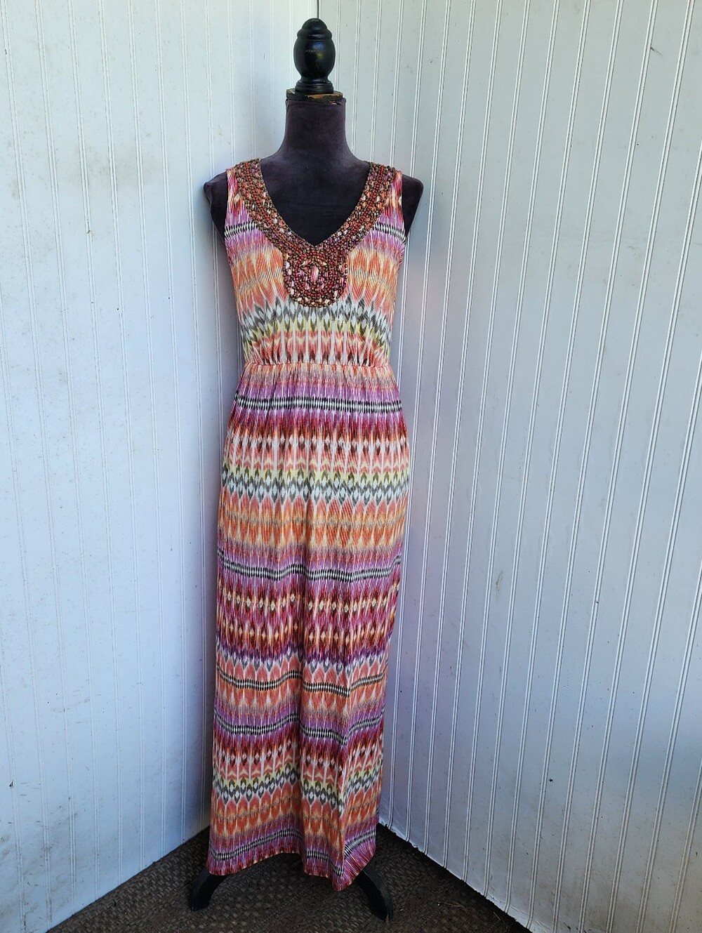 Sonoma Life + Style Beaded V-neck Bohemian Maxi Dress Pink Orange Cotton Modal S